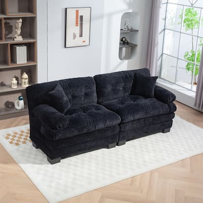 Two-seat Black Breathable Chenille Sofa Sleeper with Dual-Layer Cushion and Two Pillows