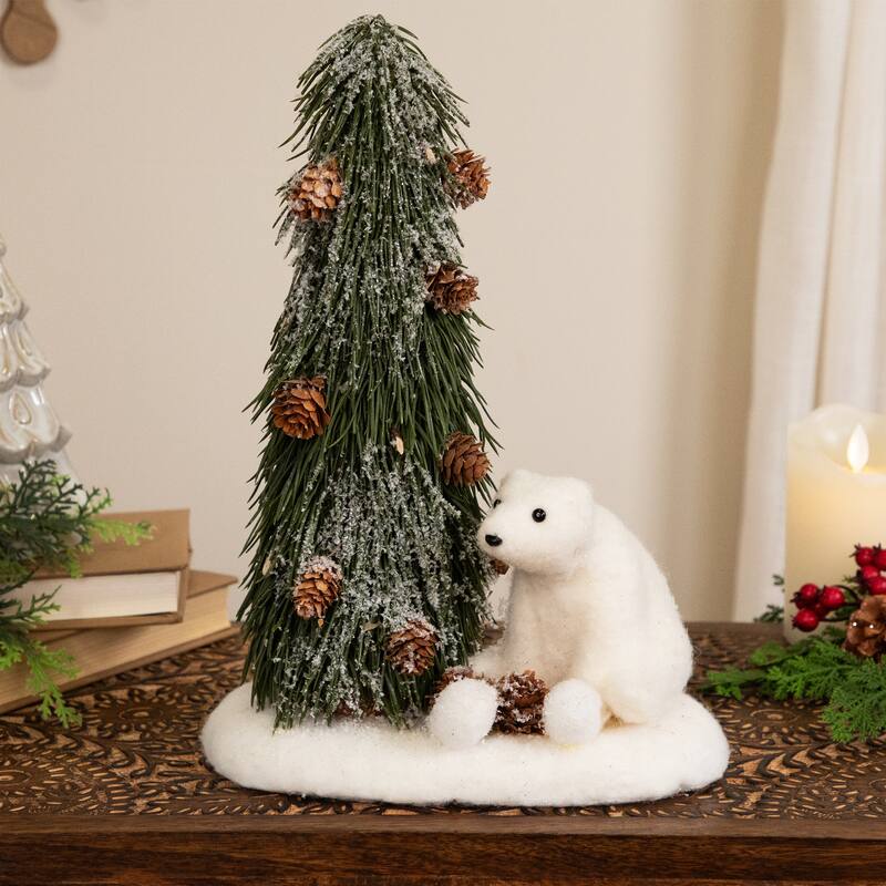 Frosted Tree and Polar Bear Christmas Decoration - 13"
