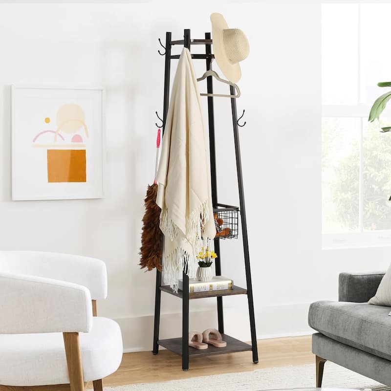 Javlergo 72" Standing Coat Rack with 8 Dual Hooks Hall Tree with Metal Grid for Small Space Entryway Living Room Organizer - Brown