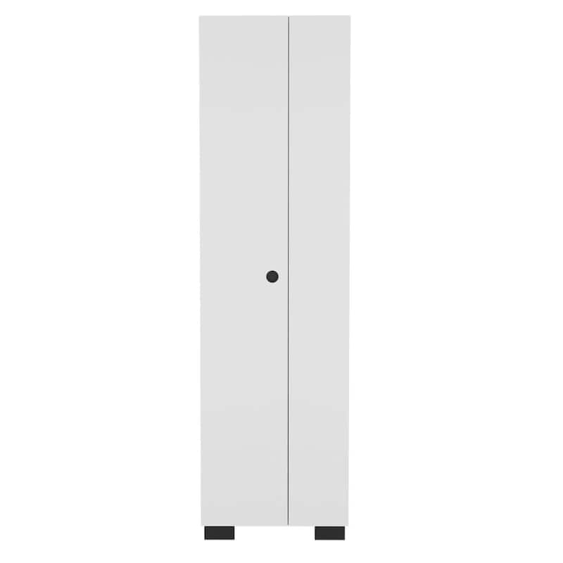 Slim White Utility Broom Cabinet - Double Doors, Broom Hangers, and Adjustable Shelves for Compact Spaces