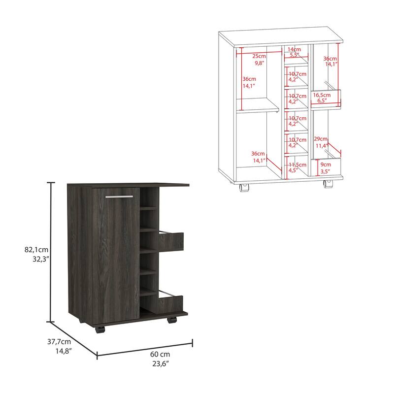 Bar Cart, Four Casters, Six Wine Cubbies, Single Door Cabinet