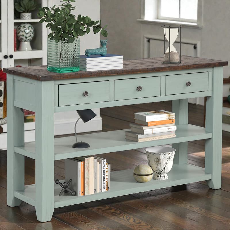 48 Inch Solid Pine Wood Console Table with 3 Drawers & 2 Shelves, Vintage Entryway Sofa Table for Hallway & Living Room
