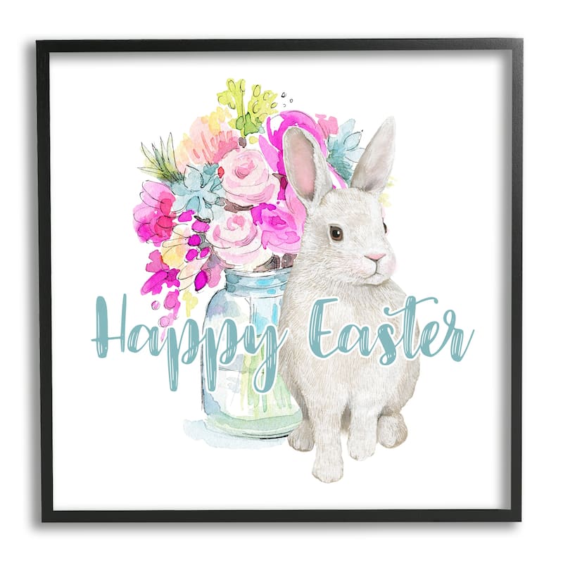 Stupell Happy Easter Calligraphy Bunny Pink Flower Bouquet Framed Wall Art - Multi-Color