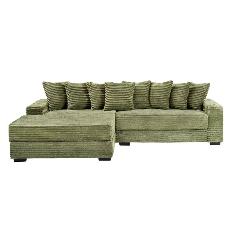 111.4" Green Corduroy L-shaped Sofa with 8 Throw Pillows and Matching Foot