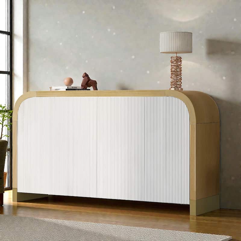 4 Door Storage Cabinet with Curved Corners, Wavy Panel Sideboard with Adjustable Shelves for Living Room Entryway