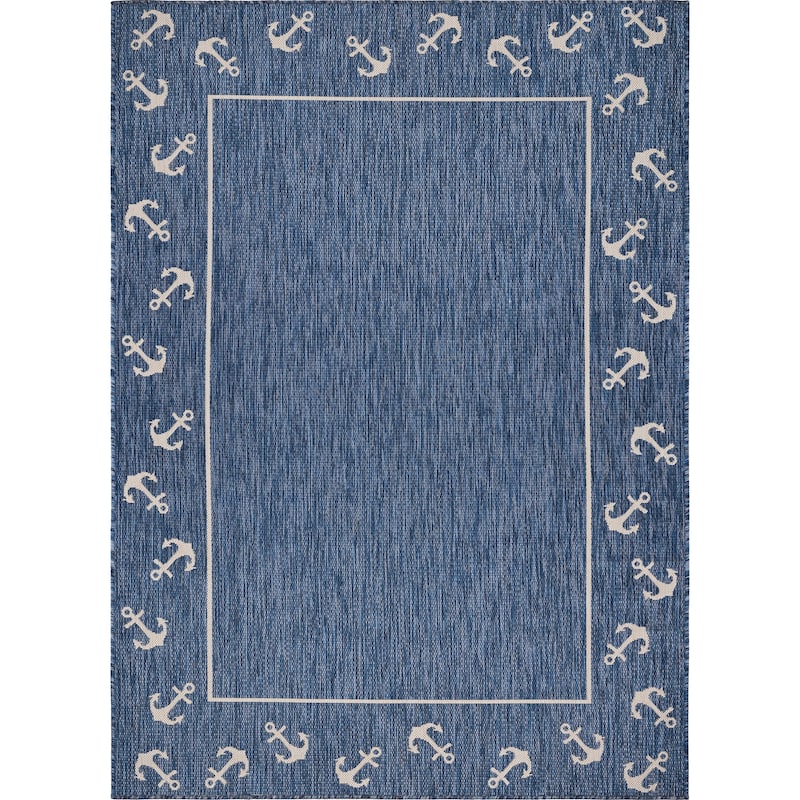 Sevita Tides Nautical Anchor Border Navy/White Performance Indoor/Outdoor Area Rug