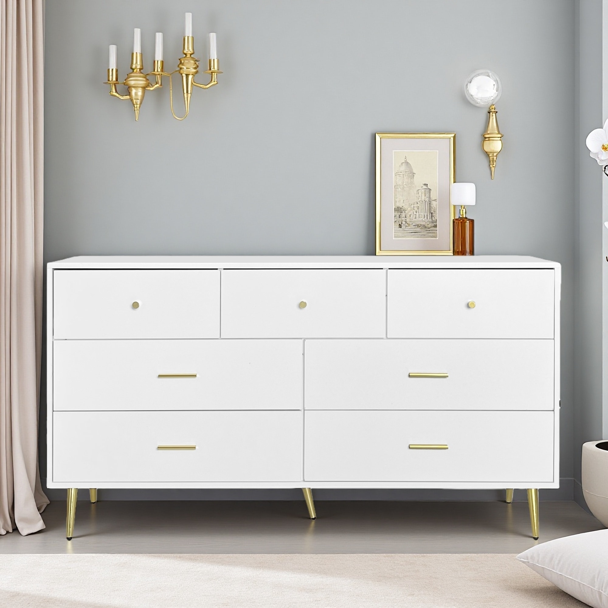 7-Drawer White Chest of Drawers with Gold Handles & Legs