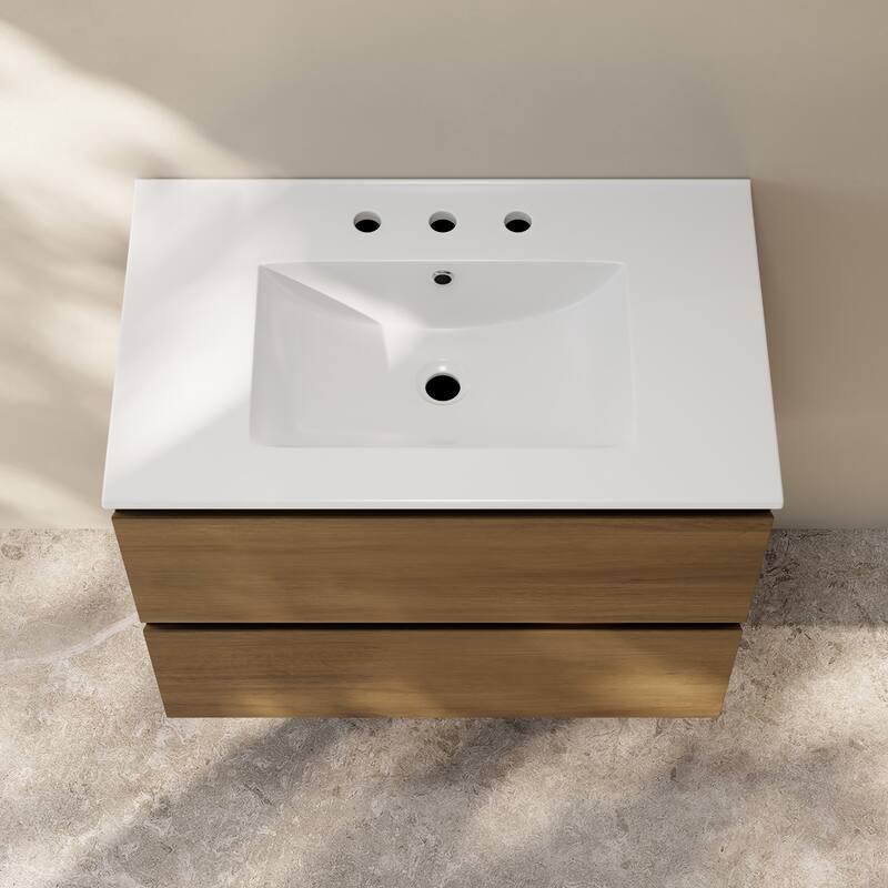 Liberte 30" Wall-Mounted Bathroom Vanity In Brown Oak With 3-Hole Widespread Sink Top - 30