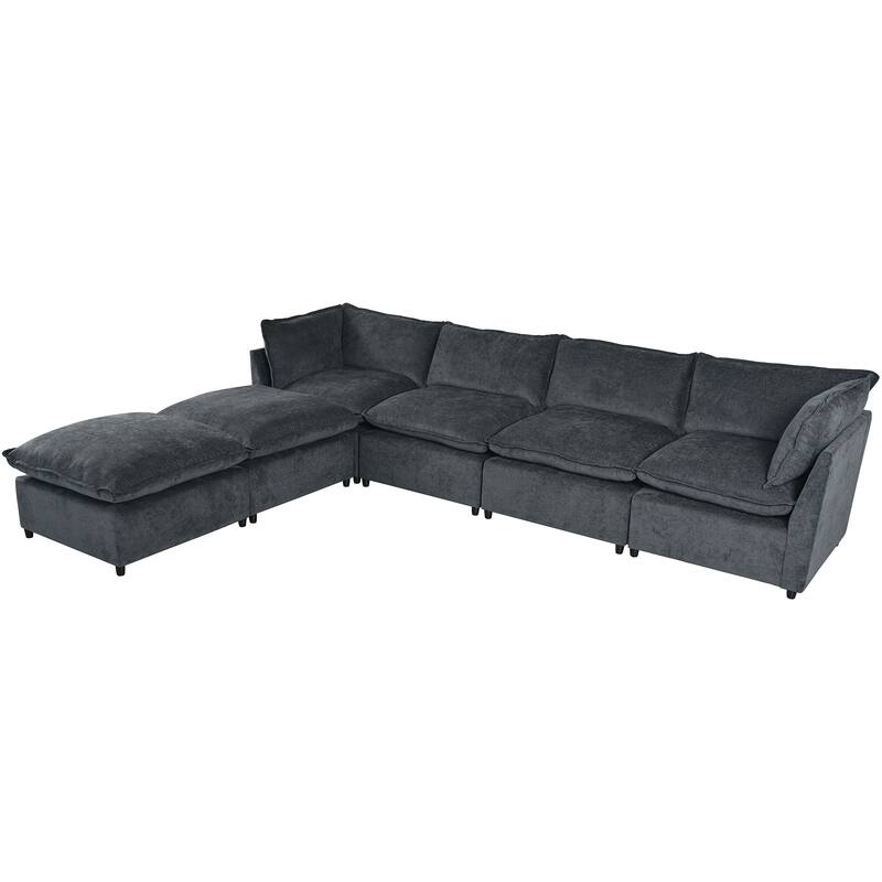 U-Shape Sectional Sofa Upholstered Couch with Removable Cushions and Solid Wood Frame, Modular Sofa 2 with Movable Ottoman