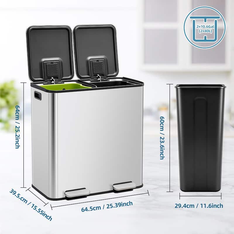 Kitchen Trash Can, 16 Gallon Garbage Can with Dual Inner Bins, Large Capacity 60/80 Liter Trash Can with Soft-Close Foot Pedal