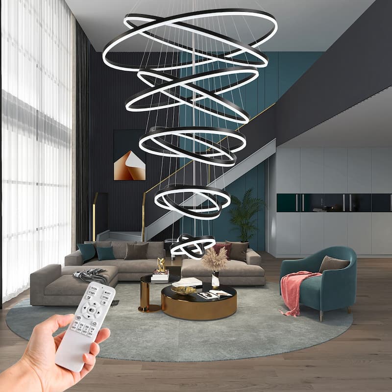 Modern LED Ring Chandelier - Remote Control Dimmable Pendant Lights for High Ceilings, Foyers & Living Rooms - 10 Rings - Black