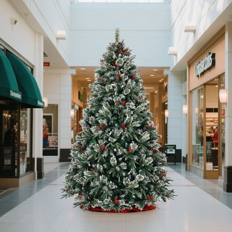Artificial Snow Frosted Pre-Decorated Christmas Tree with Pinecones & Berries