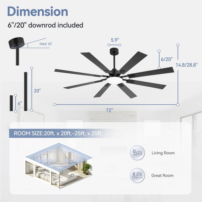 48"/52"/60"/72" Modern Black LED Ceiling Fan with Light Remote (5/6/8 Reversible Blades)