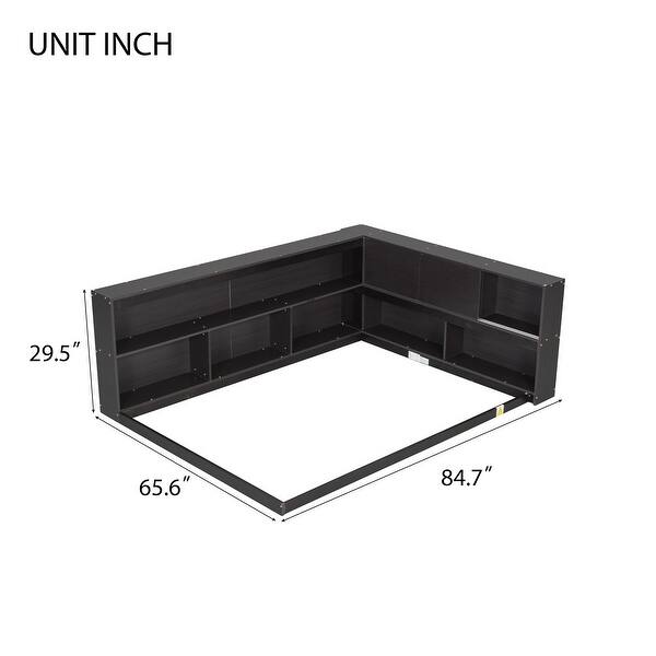 dimension image slide 2 of 3, Full Pine Wood Floor Bed Frame with L-Shaped Bookcases, Sliding Doors