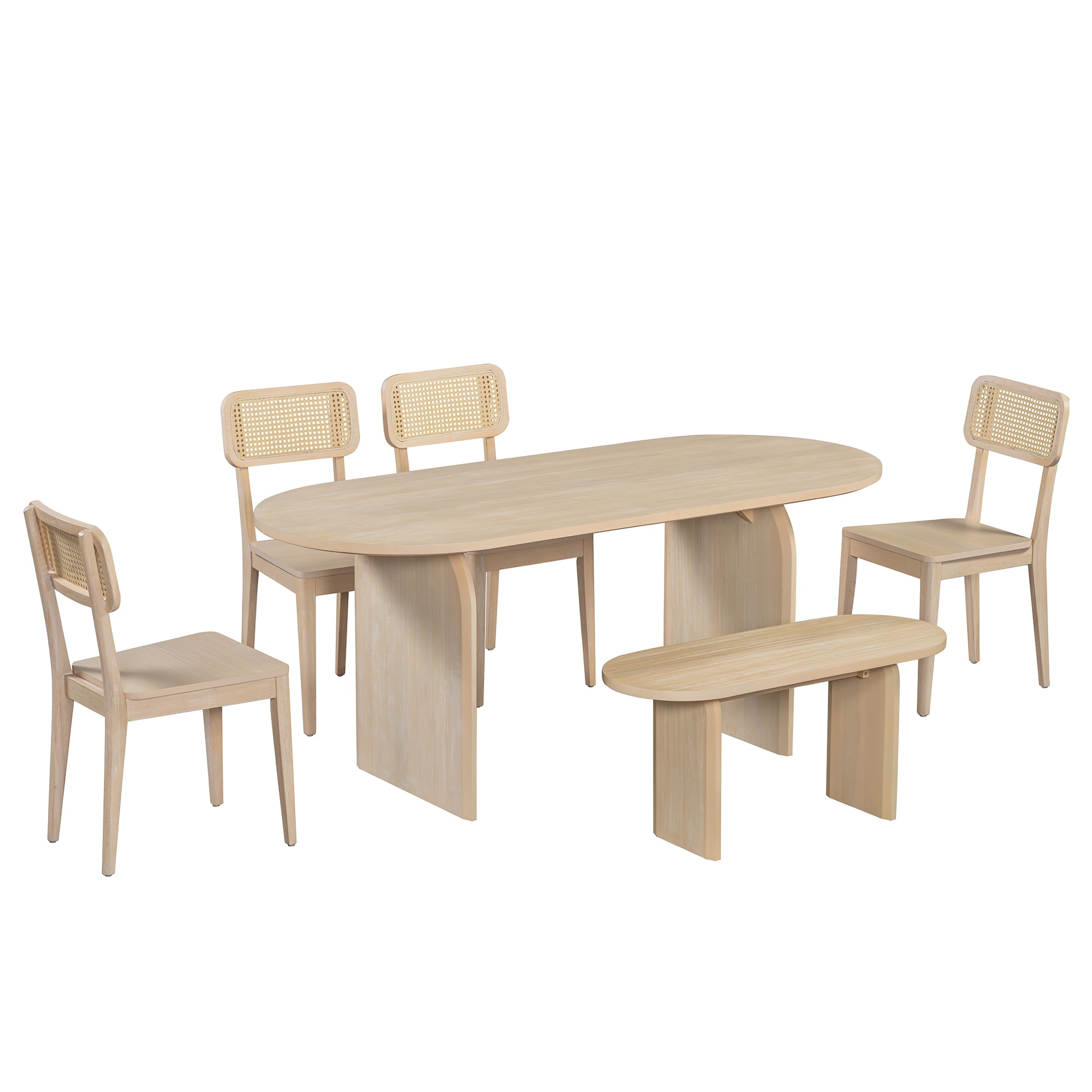 Roomfitters 6-Piece Oval Dining Table Set with Bench and 4 Rattan Back Chairs, Solid Wood, Natural