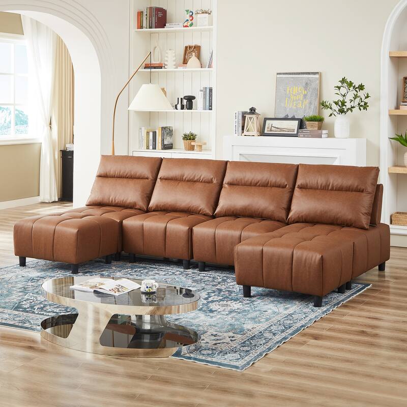 Faux Leather Modular Sectional Sofa with adjustable depth design