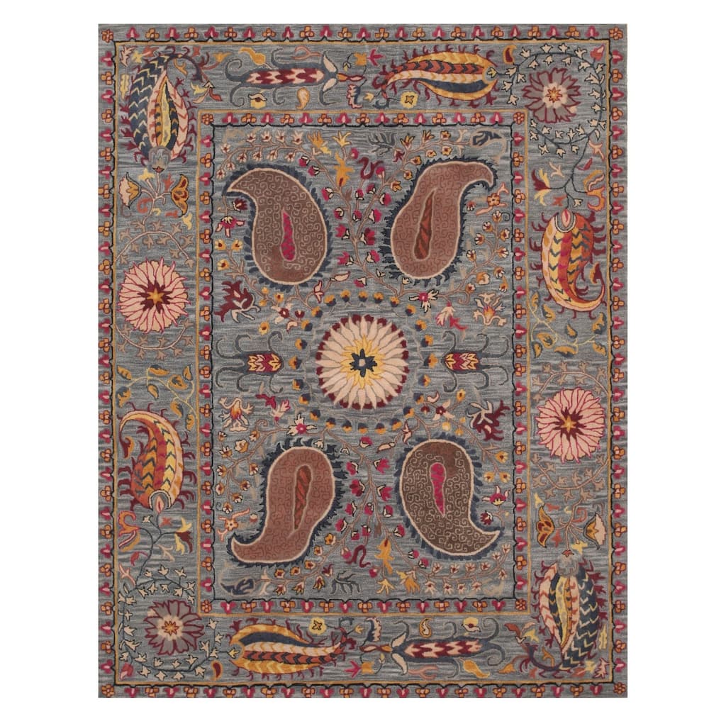Blue Hand-Tufted Wool Transitional Paisley Rug, 7'9 Round - Unique Round Rug with Handcrafted Detailing - L