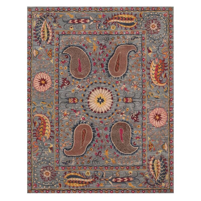 Blue Hand-Tufted Wool Transitional Paisley Rug, 8'9 x 11'9 - Large Elegant Rug for Dining or Family Rooms - L
