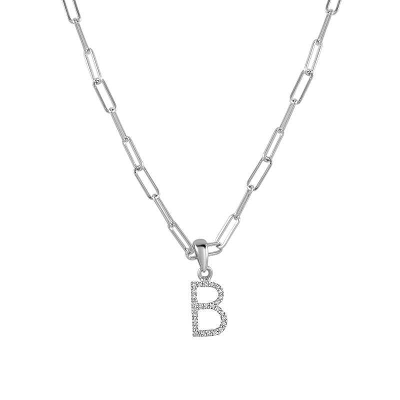 Joelle Collection Diamond Initial Letter Necklace Paperclip 14K Gold 16-inch Chain 1/10 TDW Necklace - B - White