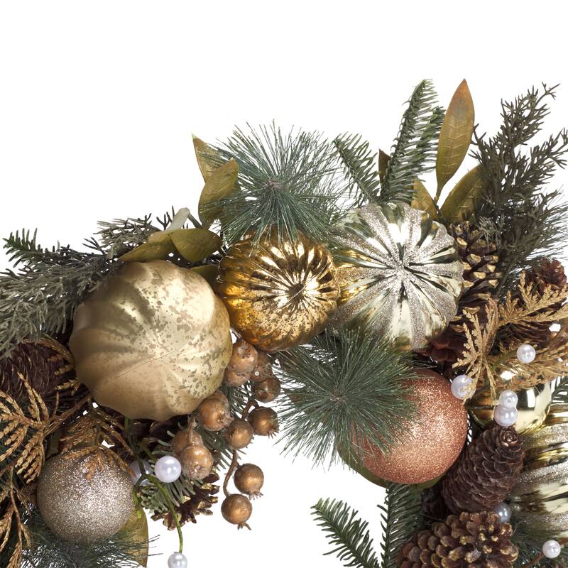 SAFAVIEH Home Faux 28-inch Needle Pine Wreath With Gold Accents Acorns & Ornaments