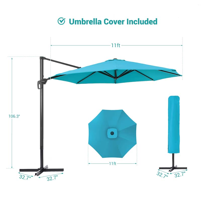 BONOSUKI 11FT LED Cantilever Patio Umbrella 360 Rotation w/Cross Base