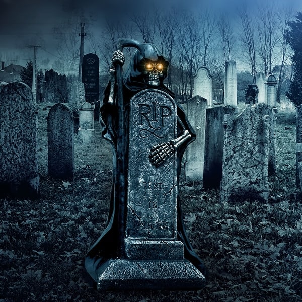 slide 2 of 13, Haunted Hill Farm 39-in. Grim Reaper Holding Sickle Statue with LED Eyes