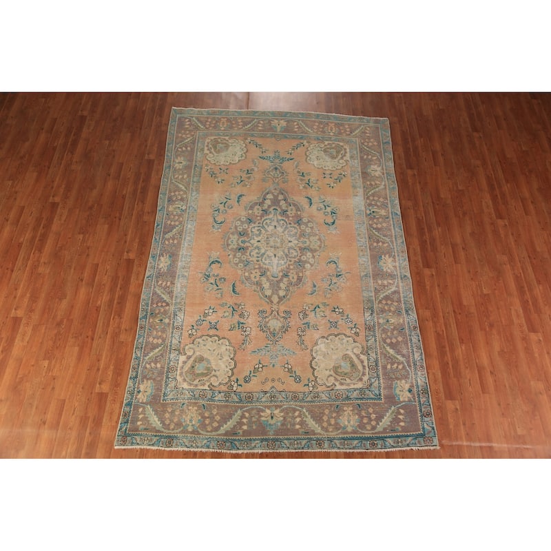 Handmade Orange Tabriz Persian Vintage Wool Carpet - 6'4" x 9'9"