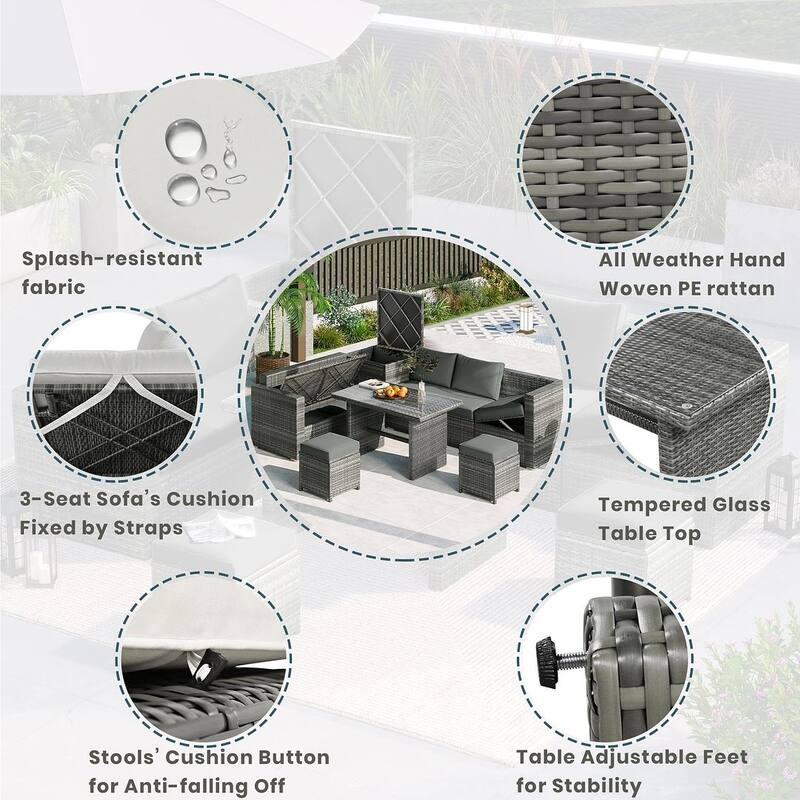6-Piece PE Rattan Patio Sofa Set with Storage & Adjustable Seats