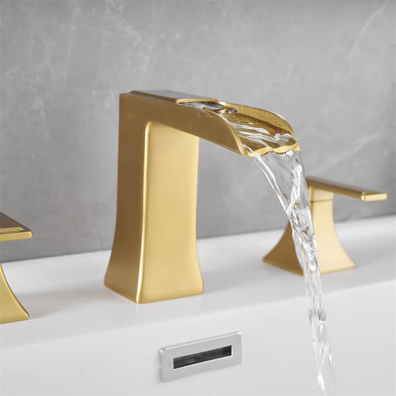 Waterfall 8 Inch Widespread Bathroom Faucet with Pop-up Drain Kit Brass Double Handle Modern Bathroom Sink Vanity Taps
