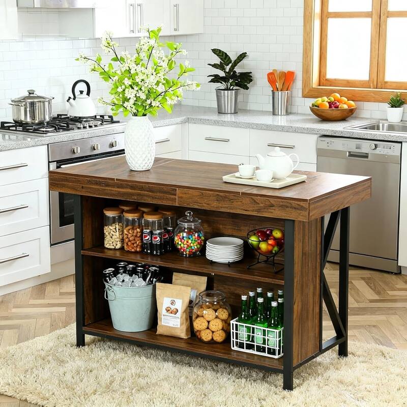 55-inch Large Kitchen Island with Storage, 3-Tier Industrial Bar Table for Kitchen, Dining Room, Brown - Brown