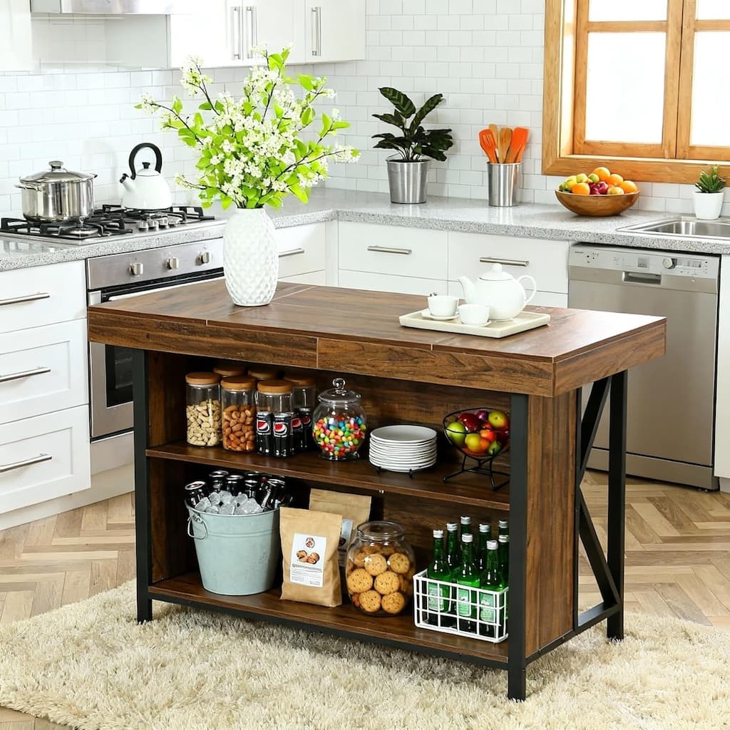 55-inch Large Kitchen Island with Storage, 3-Tier Industrial Bar Table for Kitchen, Dining Room, Brown