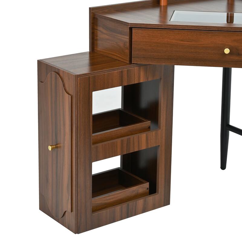 Corner Makeup Vanity Set with Stool & Charging Station, Glass Tabletop Triangle Vanity Dressing Table with Pull-Out Side Cabinet