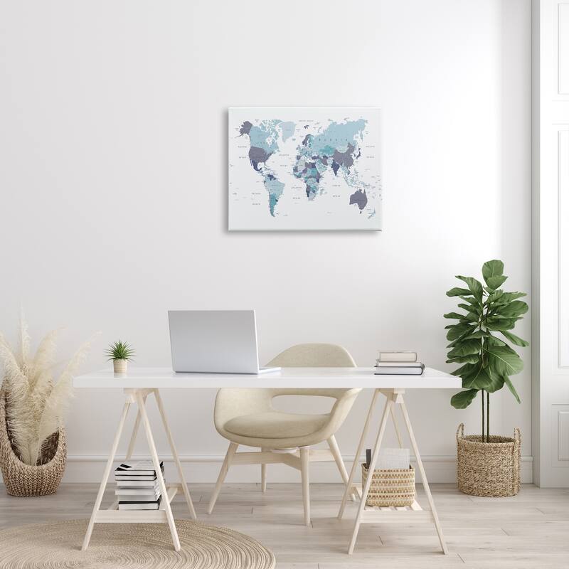 Stupell World Map with Labels Monochromatic Blue Regions Canvas Wall Art