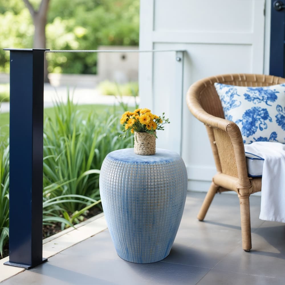 Ceramic Garden Stool Indoor or Outdoor Textured Design - 18" Blue