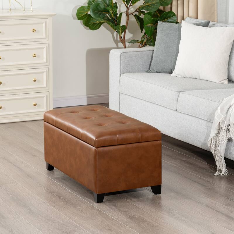 Adeco 31" Faux Leather Tufted Storage Ottoman Bench - 30.7"X15.5"X15.1"