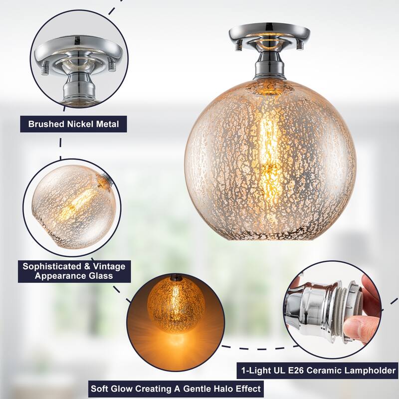 1 Light Semi-Flush Mount Ceiling Light with Cognac Crackle Glass Globe - Dia.10-in