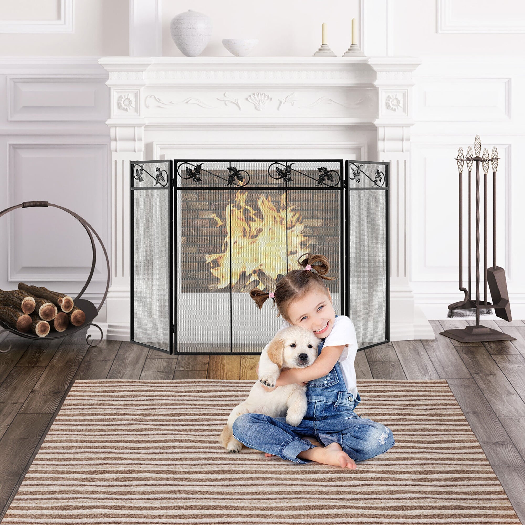 Gymax 3-Panel Fireplace Screen Decor Cover Pets Baby Child Safty