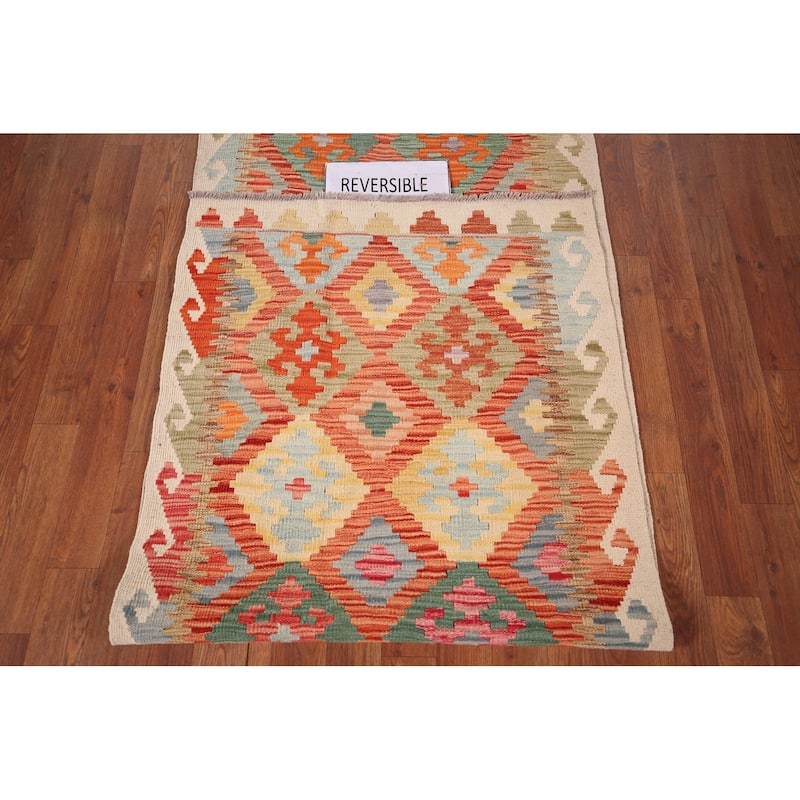 Geometric Kilim Oriental Runner Rug Hand-Woven Wool Carpet - 2'9"x 16'4"