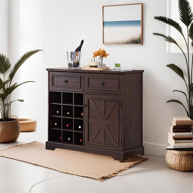 Roomfitters Farmhouse Buffet Cabinet with Storage Sideboard with 2 Drawers, Wine Bar Cabinet with Removable Wine Racks Storage
