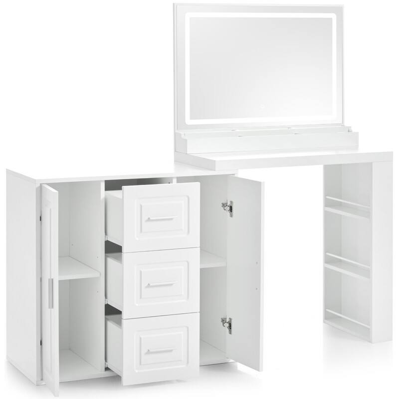 59" White LED Makeup Vanity Desk with Mirror, 3 Drawers & 2 Cabinets, Storage Shelves for Bedroom