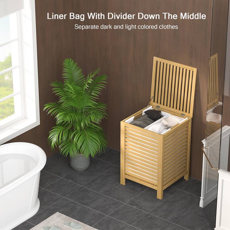 Bamboo 2-Section Laundry Hamper, 120L Large Laundry Basket with Lid and Removable Liner Bag
