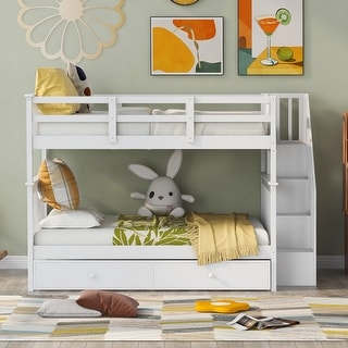 Full-Over-Full Bunk Bed Frame w/ Twin Size Trundle Triple Bunk, Stairway, Storage & Guard Rail for Bedroom, Dorm Loft Bed