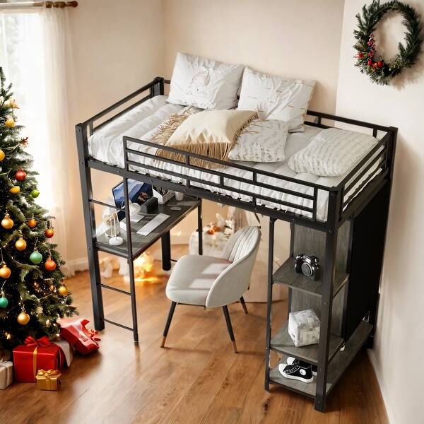 slide 2 of 17, Metal Twin Size Loft Bed with Built-in Wardrobe,Desk and Shelves,Space-saving Design For Home Black