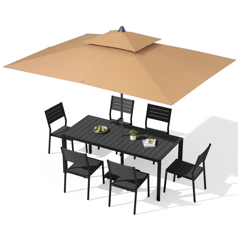 9/11-Piece Outdoor Dining Set w/10 ft Umbrella and Base Aluminum Dining Table and Stackable Chairs
