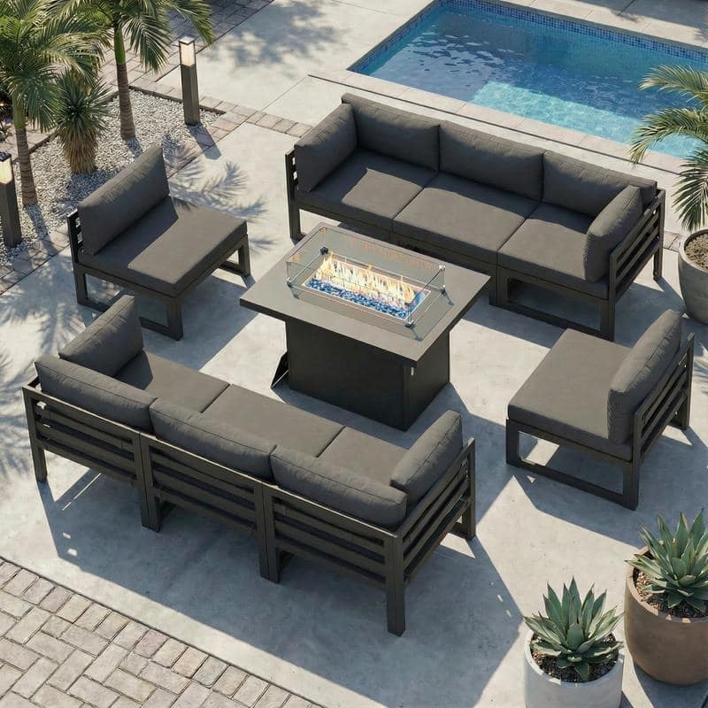 9-Piece Aluminum Outdoor Furniture Set With Fire Pit Table Propane/Natural Gas 60,000 BTU, Extra Large Aluminum Patio Sectional