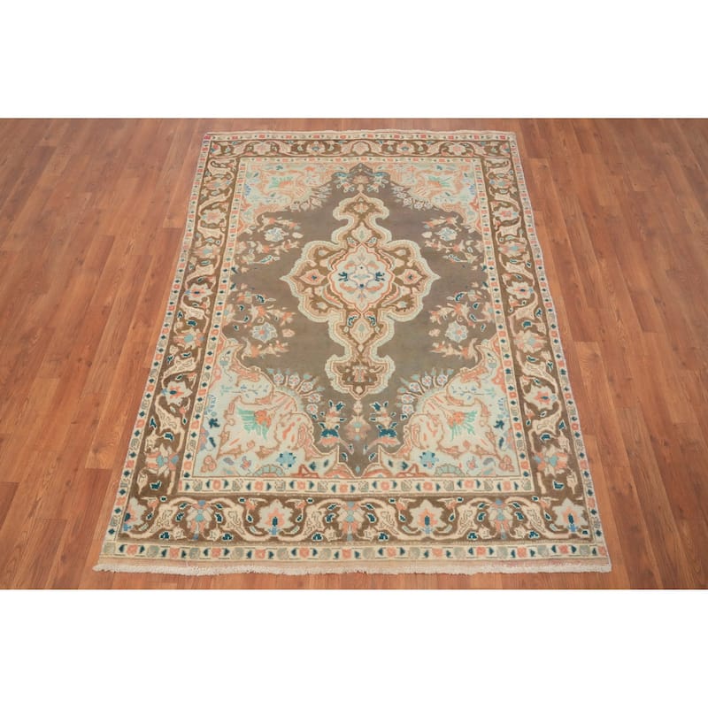 Hand Knotted Oriental 100% Wool Carpet Traditional Floral Brown Tabriz Area Rug - 6' 2'' X 4' 5''