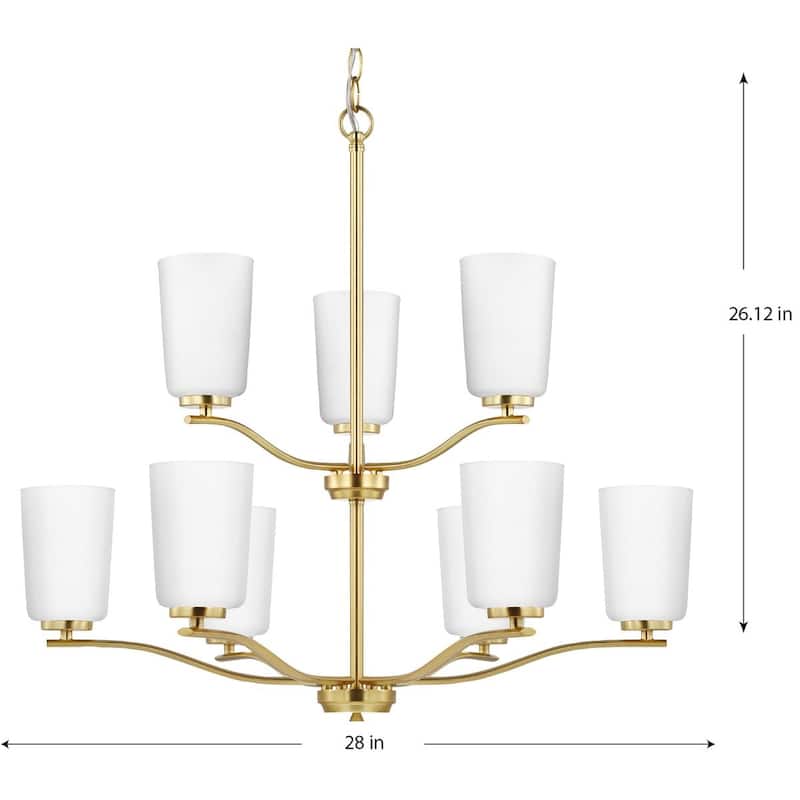 Adley Collection Nine-Light Satin Brass Etched White Glass New Traditional Chandelier - 28 in x 28 in x 26.12 in