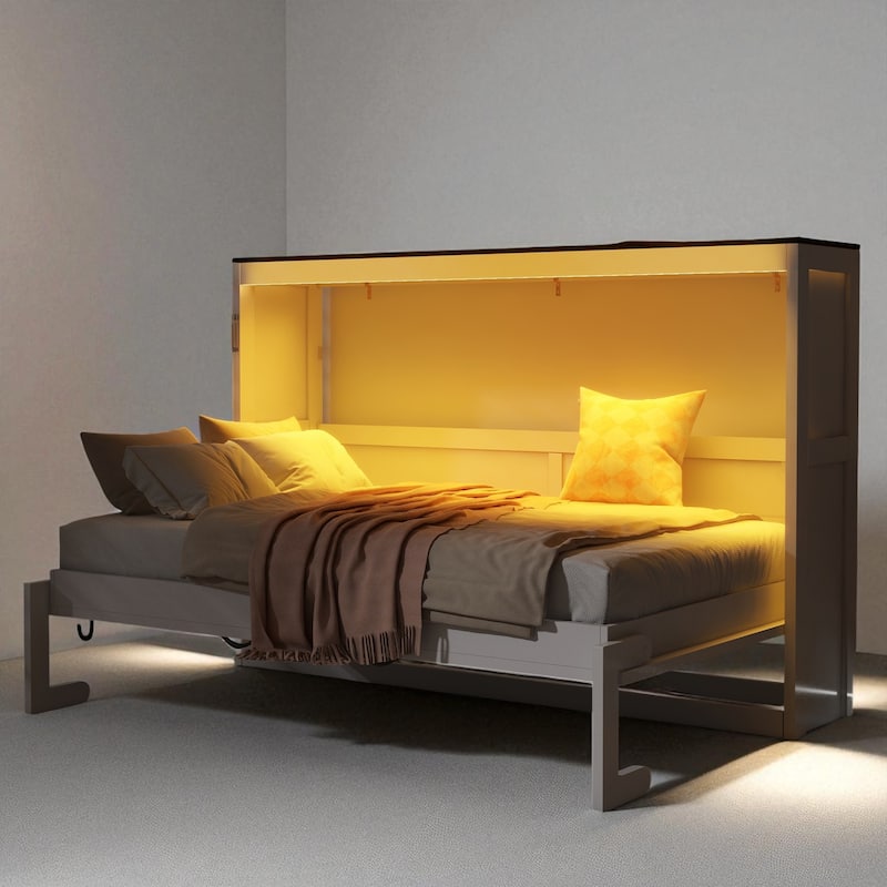 Twin Size Murphy Bed with LED Light and Foldable Desk, Wall Cabinet Hidden Bed with Hydraulic Lift