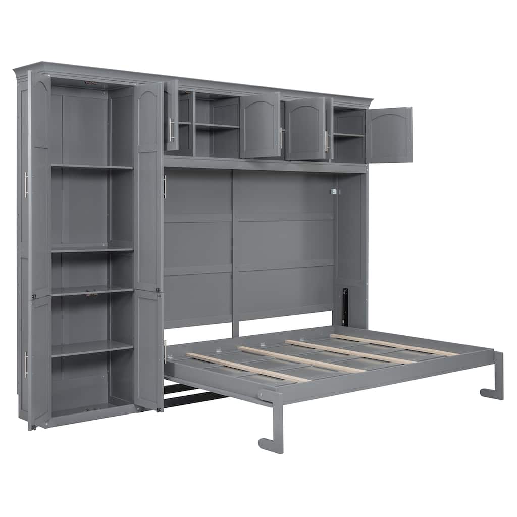 Queen Size Murphy Bed Hidden Cabinet Bed with Integrated Storage, Built-in Top Shelf and Side Cabinet, Heavy Duty Murphy Bed