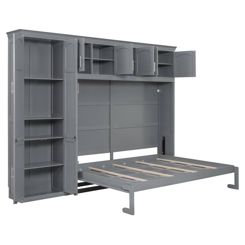 Roomfitters Queen Size Wall Murphy Bed with Cabinets & Overhead Storage, Gray